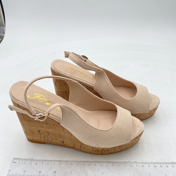 FOWT Apricot Peep Toe Slingback Platform High Heel Buckle Open Toe Wedge Sandals - Picture 4 of 8